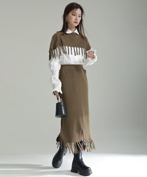 Fringe Knit Cape & Skirt Co-ord